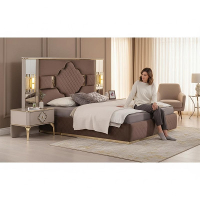 Ensemble de chambre exclusif brun-beige lit double 2 tables de chevet