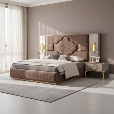Ensemble de chambre exclusif brun-beige lit double 2 tables de chevet