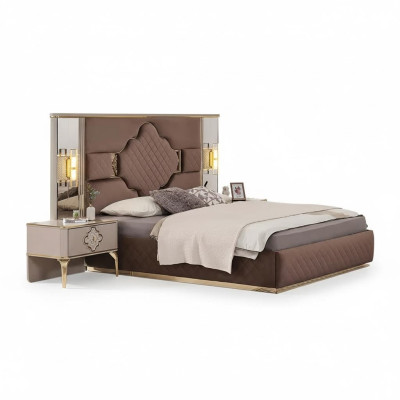 Ensemble de chambre exclusif brun-beige lit double 2 tables de chevet