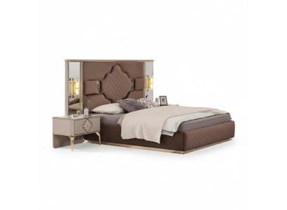 Ensemble de chambre exclusif brun-beige lit double 2 tables de chevet