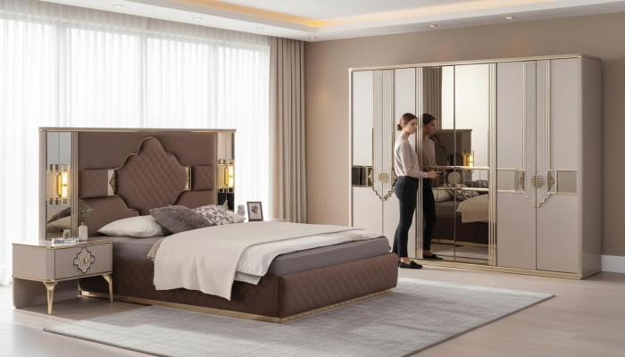 Ensemble de chambre à coucher brun-beige avec armoire, lit rembourré et tables de chevet