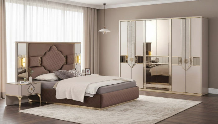 Ensemble de chambre à coucher brun-beige avec armoire, lit rembourré et tables de chevet