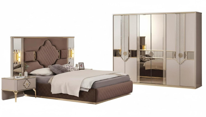 Ensemble de chambre à coucher brun-beige avec armoire, lit rembourré et tables de chevet