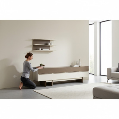 Ensemble de salon beige-brun en bois, meubles nobles, buffet, étagère murale.