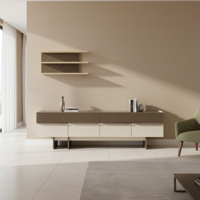 Ensemble de salon beige-brun en bois, meubles nobles, buffet, étagère murale.