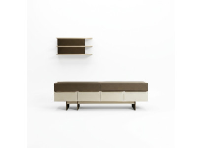 Ensemble de salon beige-brun en bois, meubles nobles, buffet, étagère murale.