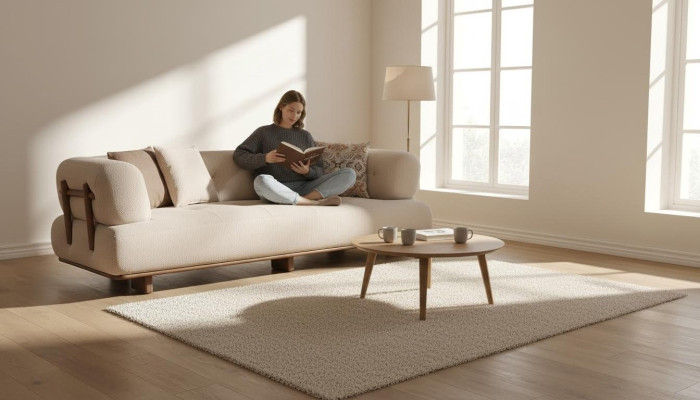 Canapé beige pour salon, canapé tapissé trois places de designer, mobilier d'assise élégant.