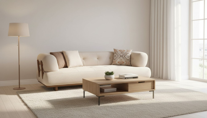 Canapé beige pour salon, canapé tapissé trois places de designer, mobilier d'assise élégant.