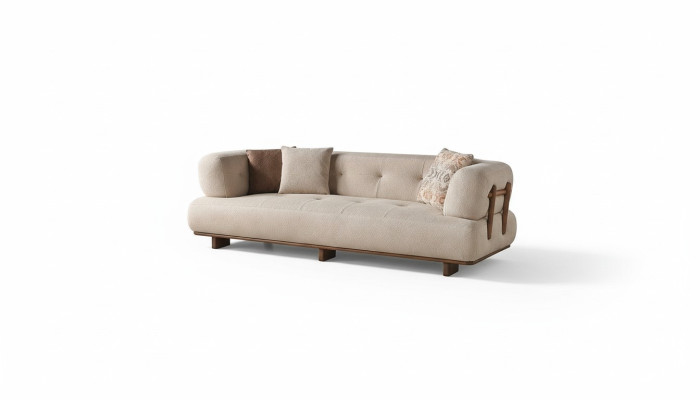 Canapé beige pour salon, canapé tapissé trois places de designer, mobilier d'assise élégant.