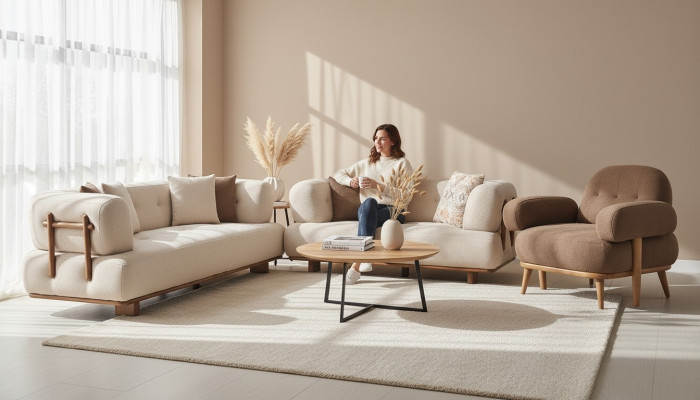 Salon exclusif en beige avec canapé, sofa et fauteuils.