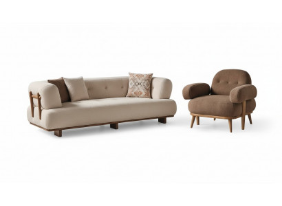 Salon exclusif en beige avec canapé, sofa et fauteuils.