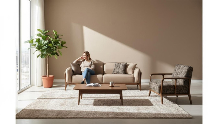 Canapé trois places beige élégant salon meuble siège fauteuil rembourré