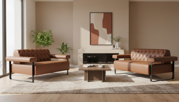 Canapés Chesterfield en cuir marron en acier inoxydable d'origine moderne 2 places bouton