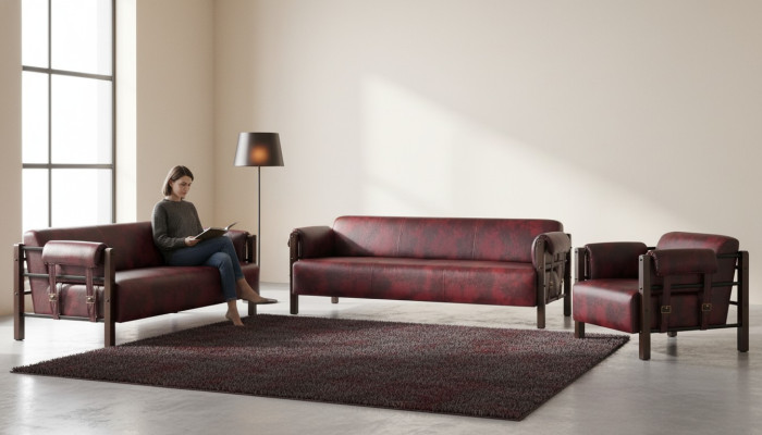 Canapé Bordeaux en cuir, ensemble complet en bois 3 pièces : canapé 3 places, canapé 2 places et fauteuil.