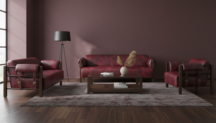 Canapé Bordeaux en cuir, ensemble complet en bois 3 pièces : canapé 3 places, canapé 2 places et fauteuil.