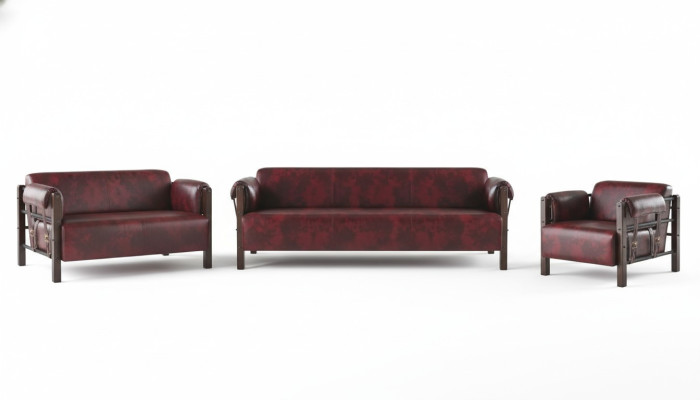 Canapé Bordeaux en cuir, ensemble complet en bois 3 pièces : canapé 3 places, canapé 2 places et fauteuil.