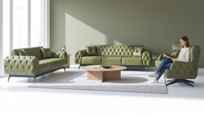 Ensemble Chesterfield Rembourré 3-places 2-places Fauteuil Vert Classique Cuir 4-pièces.