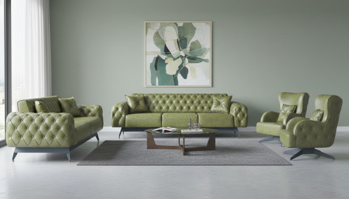 Ensemble Chesterfield Rembourré 3-places 2-places Fauteuil Vert Classique Cuir 4-pièces.
