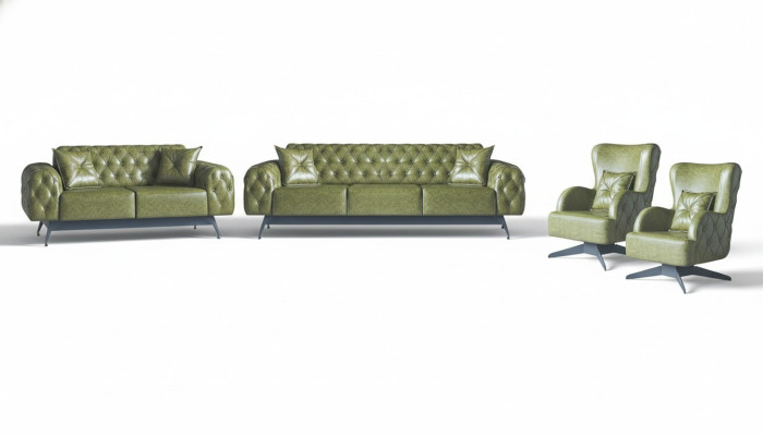 Ensemble Chesterfield Rembourré 3-places 2-places Fauteuil Vert Classique Cuir 4-pièces.