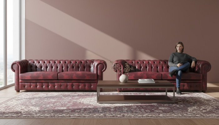 Canapé Chesterfield 3 places Bordeaux, canapés classiques en cuir, bois, en 2 pièces.