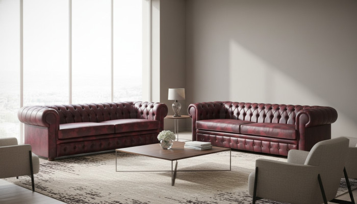 Canapé Chesterfield 3 places Bordeaux, canapés classiques en cuir, bois, en 2 pièces.