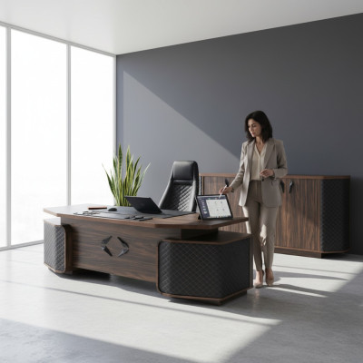 Ensemble de bureau : bureau, chaise de bureau, buffet noir et marron, fauteuil de direction.