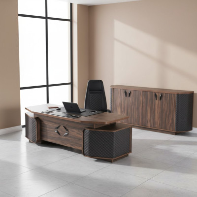 Ensemble de bureau : bureau, chaise de bureau, buffet noir et marron, fauteuil de direction.