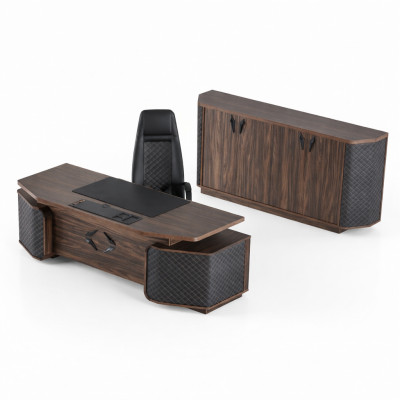 Ensemble de bureau : bureau, chaise de bureau, buffet noir et marron, fauteuil de direction.