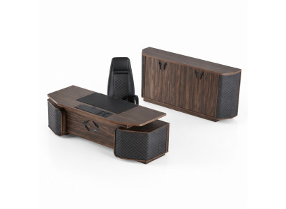 Ensemble de bureau : bureau, chaise de bureau, buffet noir et marron, fauteuil de direction.