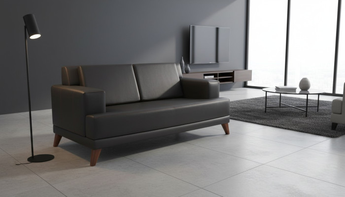 Canapé en cuir 2 places Sofa Noir Uni Design Moderne Canapé en cuir Bois