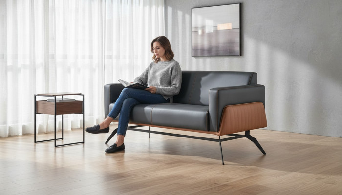 Canapé Schwarz Marron Sofa 2-Places Canapé en Cuir Moderne Acier Inoxydable Cuir Bois