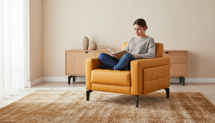 Fauteuil Chesterfield moderne en cuir souple avec accoudoirs en bois et acier inoxydable.