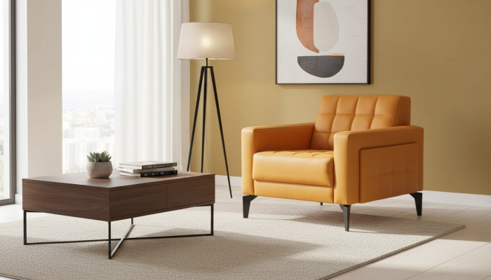 Fauteuil Chesterfield moderne en cuir souple avec accoudoirs en bois et acier inoxydable.