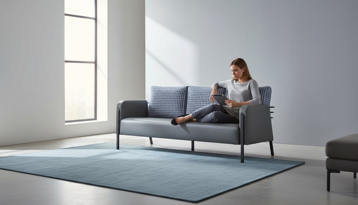 Canapé gris bleu fauteuil rembourré 3 places moderne coussin cuir acier inoxydable
