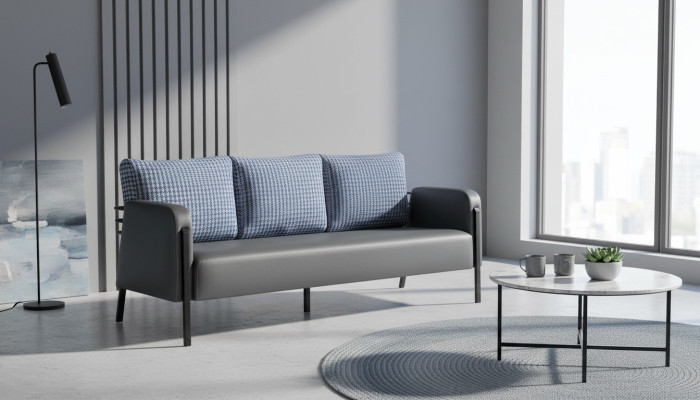 Canapé gris bleu fauteuil rembourré 3 places moderne coussin cuir acier inoxydable