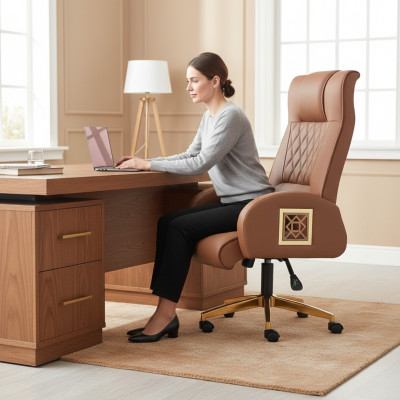 Chaise de bureau marron marron avec roulettes pour bureau moderne, fauteuil de direction pivotant.