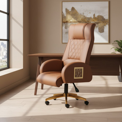 Chaise de bureau marron marron avec roulettes pour bureau moderne, fauteuil de direction pivotant.