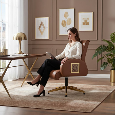 Chaise de bureau marron en acier inoxydable moderne en cuir pour bureau ou salle de travail 1 place or