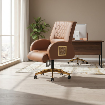 Chaise de bureau marron en acier inoxydable moderne en cuir pour bureau ou salle de travail 1 place or