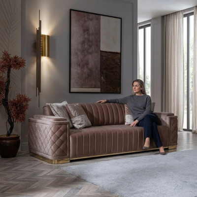Canapé 3 places avec revêtement en cuir en tissu rose moderne