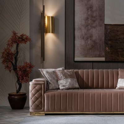 Canapé 3 places avec revêtement en cuir en tissu rose moderne