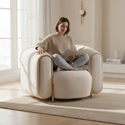Fauteuil de luxe beige style salon recouvert de textile moderne
