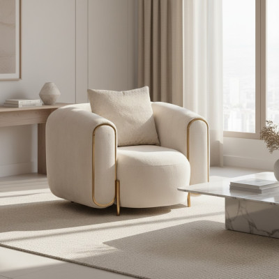 Fauteuil de luxe beige style salon recouvert de textile moderne