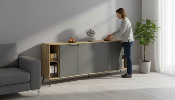 Armoire de bureau Comò Étagère Sideboard Étude Beige Gris