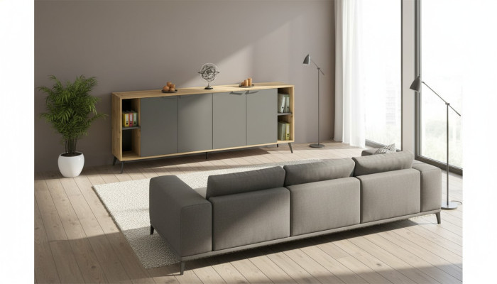 Armoire de bureau Comò Étagère Sideboard Étude Beige Gris