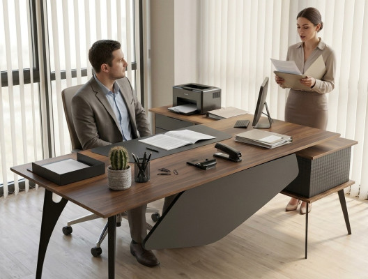 Bureau en L, bureau d'angle, table de rangement marron noir