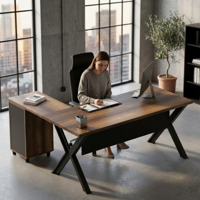 Table d'angle avec espace de rangement pour bureau marron et noir