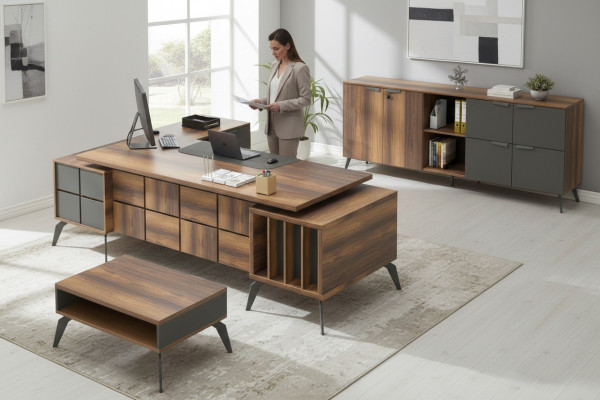 Ensemble de bureau table de travail en L table mobile gris marron