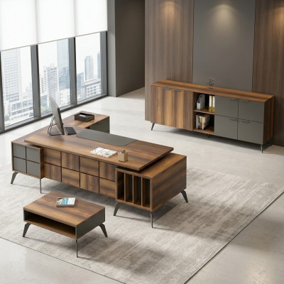 Ensemble de bureau table de travail en L table mobile gris marron