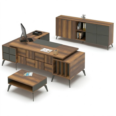 Ensemble de bureau table de travail en L table mobile gris marron
